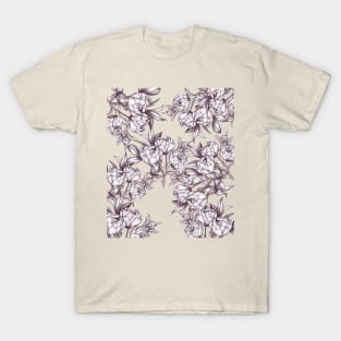 White sketch drawing peonies partern T-Shirt